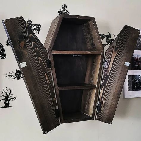 Coffin Shelves, Halloween Tea Party, Goth Bedroom, Cabinet Diy, Curio Shelf, Magnetic Latch, Gothic Bedroom, House Essentials, Dark Home Decor