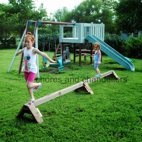 Diy Wood Balance Beam, Outdoor Balance Beam Diy, Wooden Balance Beam, Diy Balance Beam Toddler, Homemade Balance Beam, Backyard Balance Beam, Balance Beam Diy, Outdoor Balance Beam, Playground Lighting