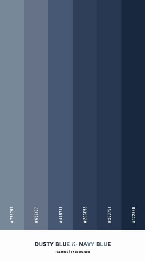 Navy Palette Colour Schemes, Dusty Blue Color Palette Shades, Dusty Blue Outfit Color Combos, Dusty Blue Pantone, Navy Blue Pallet, Blue Color Palette Colour Schemes, Dark Dusty Blue Wedding, Navy Blue Colour Combination, Navy Blue Color Combinations