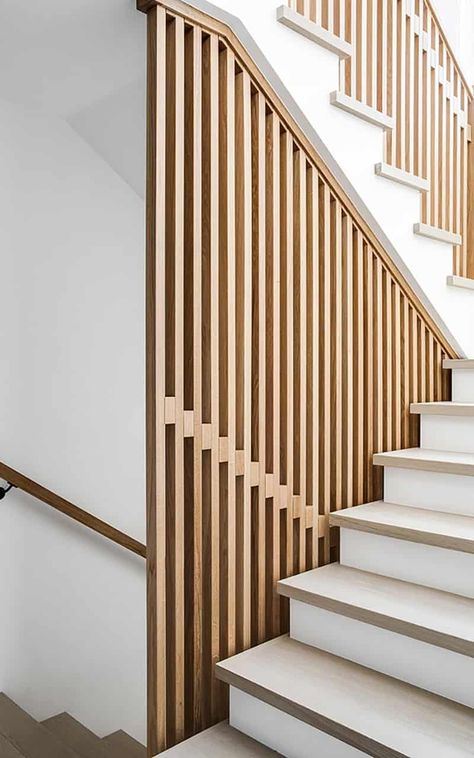 Mcm Railing, Hardy Plank Siding, Storage Staircase, Mcm Living, Led Stair Lights, Handrail Design, Stair Lights, White Oak Hardwood Floors, Walnut Doors