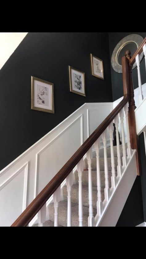 Grey Panelled Hallway, Painted Stairway Walls, Black Panelling Hallway, Hallway With Dado Rail, Black Walls Hallway, Hallway Decorating Colours, Hallway Colour Ideas, Black Banister, Black Foyer