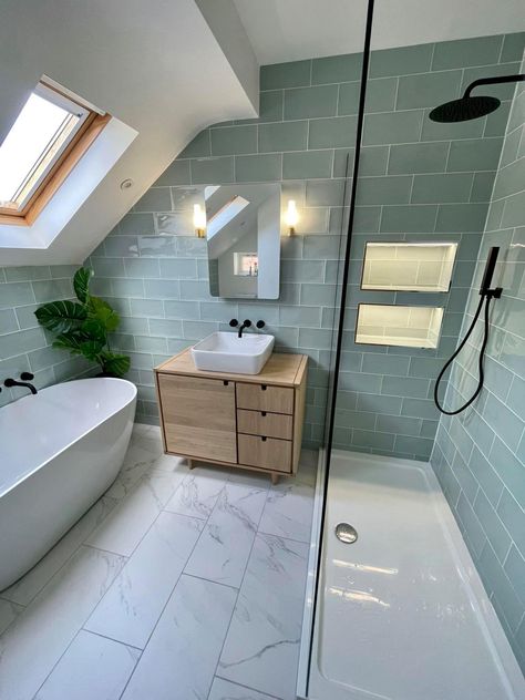 Loft Bathroom Ideas Sloped Ceiling With Bath, Ensuite Bathroom Ideas Sloping Ceiling, Slopped Roof Bathroom, Bathroom Sloped Ceiling, Loft Conversion Bathroom, En Suite Shower Room Sloping Roof, Small Attic Bathroom Sloped Ceiling, Attic Bathroom Ideas Slanted Ceiling, Small Ensuite Shower Room Sloping Roof