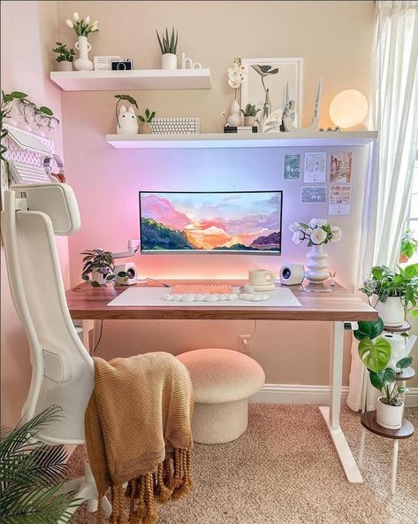 14 Cozy Gamer Girl Desk Setups - TheHomeRoute Cozy Gaming, Cozy Desk, Cozy Home Office, House Makeover, Desk Inspiration, Office Room Decor, Study Room Decor, Ideas Hogar, Gaming Room Setup