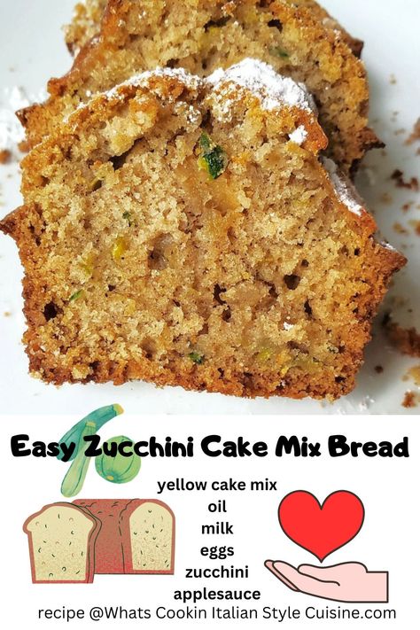 Easy Zucchini Cake Mix Bread | What's Cookin' Italian Style Cuisine Zucchini Box Cake Recipe, Cake Mix Zucchini Recipes, Yellow Cake Mix Zucchini Bread, Zucchini Bundt Cake Recipe Easy, Zucchini Bread With Spice Cake Mix Easy, Adding Zucchini To Box Cake, Zucchini Bread Made With Box Cake, Cake Mix Zucchini Cookies, Zucchini Bread With Yellow Cake Mix Easy