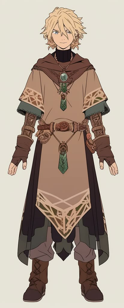 Fantasy Clothes Design Male, Cute Alchemist Character Design, Druid Outfit Art, Dnd Fantasy Outfits Male, Low Level Dnd Characters, Adventurer Outfit Fantasy Male Drawing, Baggy Fantasy Clothes, Adventure Outfit Male, Fantasy Merchant Outfit