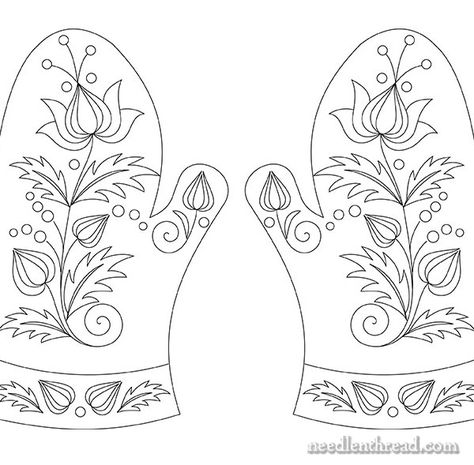 Hand Embroidery on Felted Wool Mittens via needlenthread.com Mitten Embroidery Pattern, Scandinavian Embroidery Patterns Free, Norwegian Embroidery Patterns, Rosemaling Embroidery, Folk Embroidery Patterns, Hungarian Embroidery, Redwork Embroidery, Embroidery Hand, Hardanger Embroidery