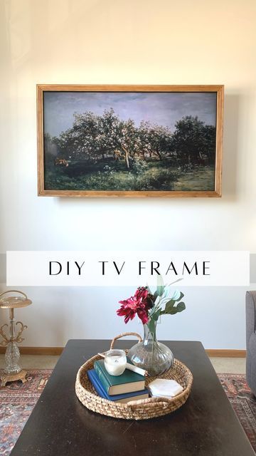 Stephanie | Design + DIY on a Budget on Instagram: "You don’t need a frame tv to have a “frame tv”😉 If you have a flat tv mount, this looks even better! We have this tv on a swivel, so it isn’t completely flat to the wall, but I think it looks pretty good considering! Would you try this? Drop your questions below!⬇️ #diytvframe #diyhome #diy #moneysavinghacks #diylookforless #diyonabudget #diyideas" Mounted Frame Tv, Diy Tv Frame Ideas Flat Screen Tvs, Frame Around Tv, Diy Tv Frame, Frame Tv Gallery Wall, Tv Gallery Wall, Tv Mounted, Swivel Tv, Flat Tv