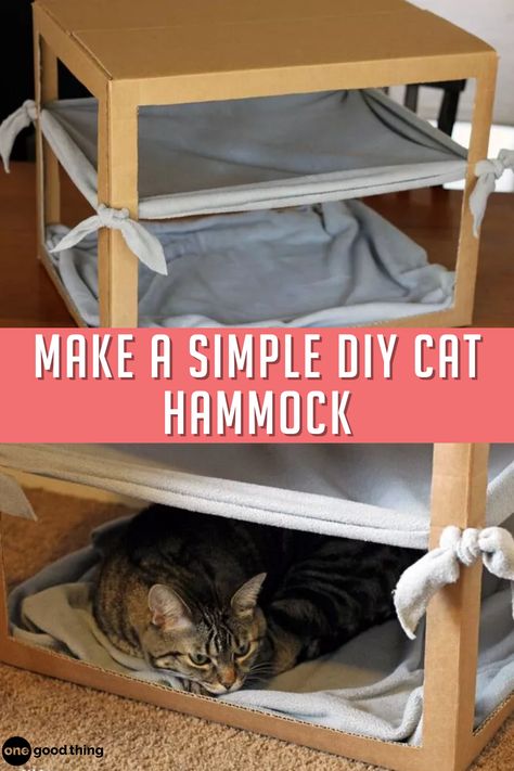 This easy and inexpensive hammock will soon be your cat's favorite place to lounge! Diy Cat Hammock Easy, Cat Hammock Diy, Hammock Diy, Diy Cat Hammock, Remove Pet Stains, Relaxing Things To Do, Diy Cat Tree, Cat Pee, Cat Trees