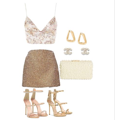 A satin tank top with a floral print. A gold sparkly skirt. Gold shoes or Gold sparkly shoes. A white perl handbag. Gold earrings. Gold sparkling earrings. This outfit is a fancyish outfit. Could be worn to a nice dinner out. Maybe even a fancy brunch outfit. This is an outfit template and anything in this outfit can be changed. Gold Sparkle Top Outfit, Gold Dinner Outfit, Shiny Gold Top For Night Out, Gold Top White Skirt, Gold Glitter Party Top, Pearly Aesthetic, White And Gold Outfits, Gold Outfit Aesthetic, Golden Birthday Outfit