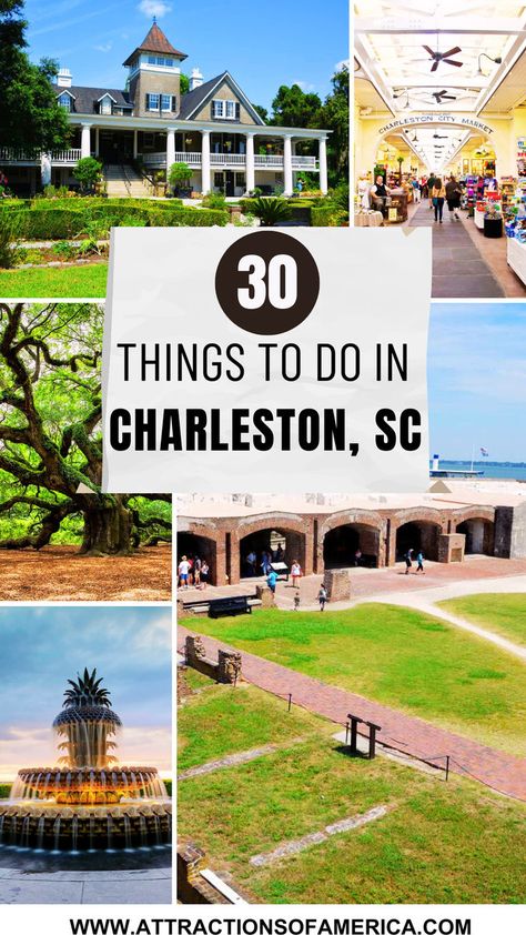 30 things to do in Charleston, SC with images of Charleston City Market, Fort Sumter National Monument, Waterfront Park. Charleston Sc Things To Do, Charleston Downtown, Charleston Things To Do, Charleston Travel Guide, Charleston Vacation, South Carolina Travel, Fort Sumter, Charleston Travel, Sullivans Island