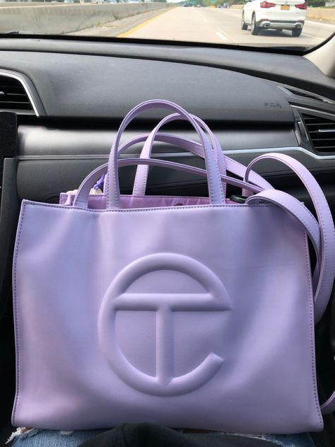 Telfar Bag Collection, Purple Purse Aesthetic, Purple Telfar Bag Outfit, Big Telfar Bag, Medium Telfar Bag Outfit, Purple Telfar Bag, Lavender Telfar Bag, Purple Girly Things, Telfar Bags Medium