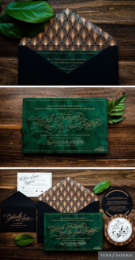 Emerald Velvet Wedding Invitation with Rose Gold Foil and Art Deco design by Penn & Paperie  Wedding Invitation Suite | Custom | Luxury | Unique | Romantic | Love | Romance | Moody | Gold | Original | Black tie | Formal Velvet Wedding Invitations, Dark Wedding Theme, Emerald Velvet, Velvet Wedding, Dark Wedding, Glue Pen, Emerald Wedding, Moody Wedding, Future Wedding Plans