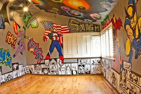 Superhero Painted Bedroom Wall - If don’t want to spend so much on the decorations of your son’s superhero room then how about having his bedroom walls painted with his favorite superheroes instead? This way you can just use plain decorations and a few superhero accents here and there. Superhero Theme Bedroom, Batman Themed Bedroom, Batman Room Decor, Spiderman Bedroom, Marvel Bedroom, Batman Room, Marvel Room, Superhero Bedroom, Superhero Room