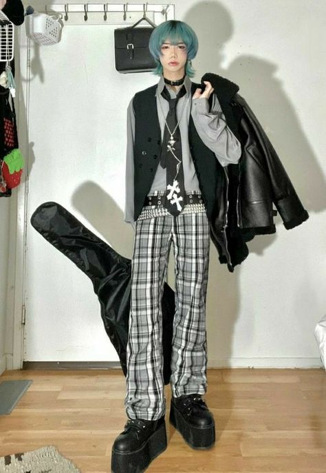 Outfit Ideas Male Aesthetic, Male Vivienne Westwood, Dark Men’s Fashion, Pretty Outfits Men, Shin Inspired Outfits, Shin Nana Outfit Inspired, Shin Clothes, Harajuku Fashion Street Men, Blue Aesthetic Outfit Men