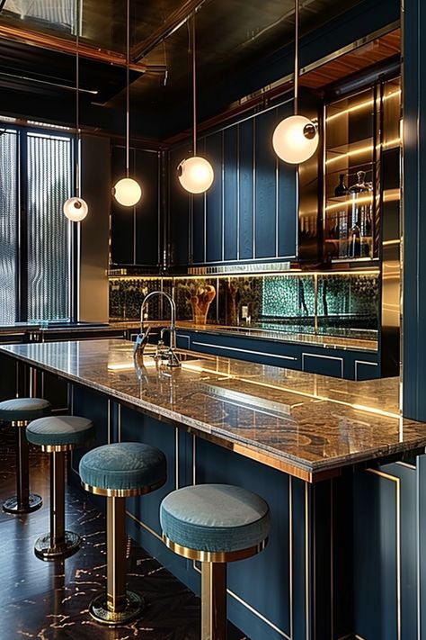 30+ Art Deco Kitchen Projects to Add Personalized Style - Quiet Minimal Art Deco Kitchens, Art Deco Interior Kitchen, Deco Kitchen Ideas, Art Deco Home Bar, Art Deco Kitchen Ideas, Kitchen Art Deco, Art Deco Kitchen Design, Art Deco Restaurant, Alt Decor