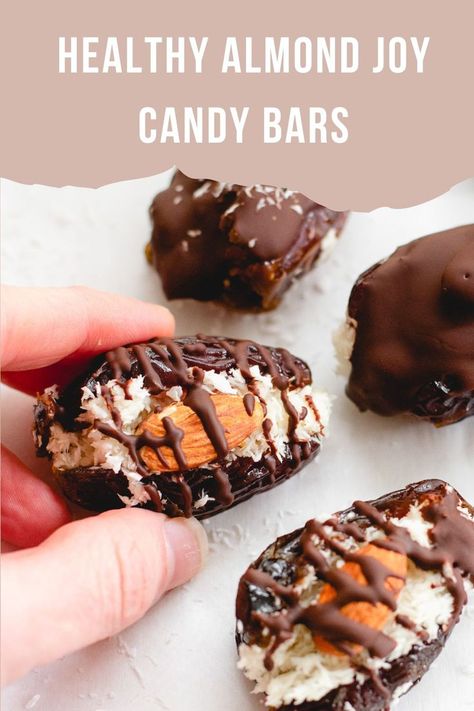 Healthy Almond Joy, Almond Joy Candy Bars, Date Recipes Healthy, Almond Joy Candy, Gluten Free Snacks Healthy, Healthy Candy, Sugar Free Sweets, Dark Chocolate Almonds, Almond Joy