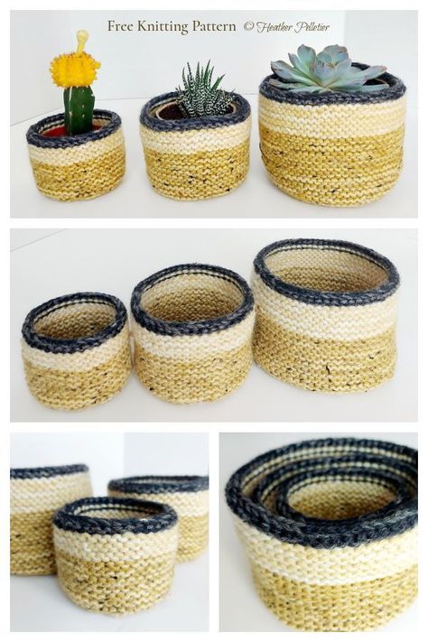 Round Nesting Baskets Free Knitting Pattern Holiday Knitting Patterns, Knitted Basket, Mini Baskets, Loom Knitting Tutorial, Nesting Baskets, Knit Basket, Quick Knits, Yarn Projects, Summer Knitting