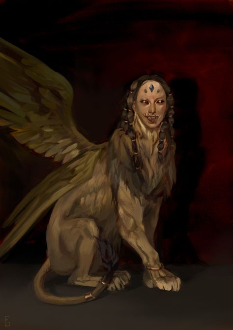 ArtStation - Sphinx, Elisa Gauthier Sphinx Mythology, Greek Monsters, Dark Fiction, Quick Painting, Sphinx Cat, Scary Monsters, Dnd Monsters, Afrocentric Art, Mythological Creatures