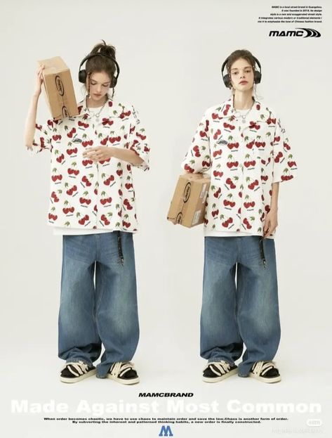 Shirt With Baggy Jeans, Y2k Street Style, Cute Edgy Outfits, Cherry Shirt, Oversized Clothes, Preformance Outfits, Character Outfits, Baggy Jeans, Oversized Shirt