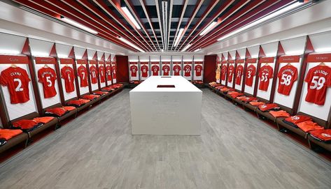 Soccer Locker, Anfield Stadium, Sports Locker, Sport Bar, Room Storage Diy, Basement Gym, Football Themes, Sports Room, Changing Room