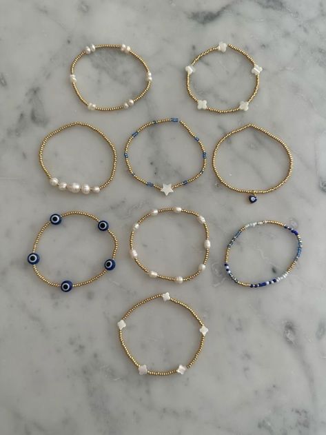 Bracelet Inspo Preppy, Preppy Gold Bracelet, Where To Buy Bracelets, Blue And Gold Beaded Bracelets, Preppy Gold Bracelet Stack, Perment Jewelry, Beads Inspo Bracelet, Gold And Blue Bracelet, Bracelet Ideas Aesthetic Beaded