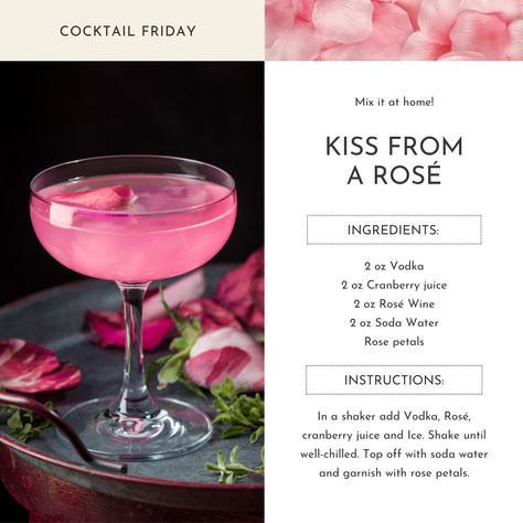 Made with love and Rosé 🌹💕 ⁠ Make this effortlessly chic 'Kiss from a Rosé' cocktail for Valentine's or Galentine's Day.⁠ ⁠ Try mixing up this elegant cocktail with Smirnoff Red Label Vodka at $23.99 ($1 off) and Okanagan Crush Pad Many Hands Rosé at $22.99 ($2 off). Both are on sale until February 29th! February Cocktails, Valentines Day Cocktails Recipes, Valentine’s Day Drinks, Galentines Cocktails, Valentines Cocktails, Rosé Cocktail, Smirnoff Red, Bartender Drinks Recipes, Rose Drink