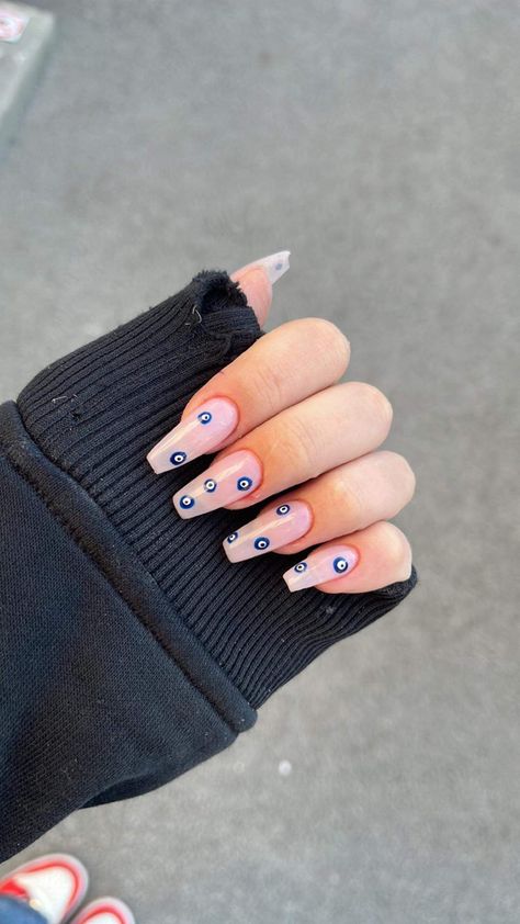 The Evil Eye Nails, Turkish Nails Designs, Evil Eye Almond Nails, Third Eye Nails, Turkish Nails, Turkish Eye Nails, Bday Nails, Evil Eye Nails, Silver Nail Art