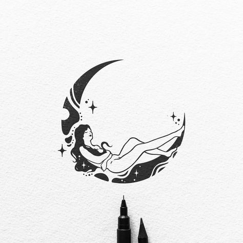 Angel Tattoo Men, Tattoo Life, Big Tattoo, Lower Back Tattoos, Pen Sketch, Black And White Illustration, Moon Tattoo, Flash Art, Couple Tattoos