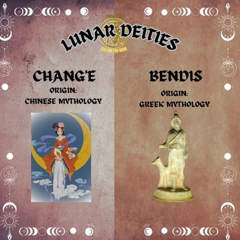 ## Lunar Deities: Gods and Goddesses of the Moon 🌙✨ Dive into the mystical world of lunar deities across cultures! These divine beings have captivated humanity for millennia. 🌟 **Notable Lunar Deities:** 1. **Artemis** (Greek): Goddess of the hunt and the moon 🏹🌙 2. **Chang'e** (Chinese): Immortal goddess who lives on the moon 🇨🇳🌕 3. **Khonsu** (Egyptian): God of the moon, time, and healing 🇪🇬⏳ 4. **Tsukuyomi** (Japanese): God of the moon and ruler of the night 🇯🵁 5. **Chandra** (Hindu... Chinese Mythology Creatures, Khonsu Egyptian God, Chinese Deities, Lunar Deities, Chinese Immortal, Chinese Moon Goddess, God Of The Moon, Chinese Gods, Artemis Greek Goddess