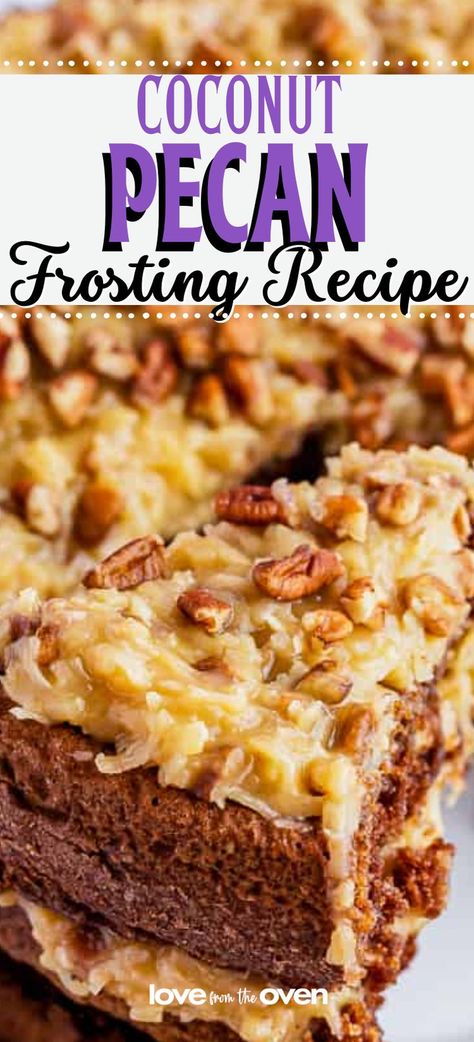 German Chocolate Coconut Frosting, Diy German Chocolate Frosting, Pecan Coconut Frosting, German Cake Frosting, Coconut Pecan Icing Recipe, Coconut Pecan Frosting Recipe, Pecan Frosting Recipe, Coconut Pecan Icing, German Chocolate Icing