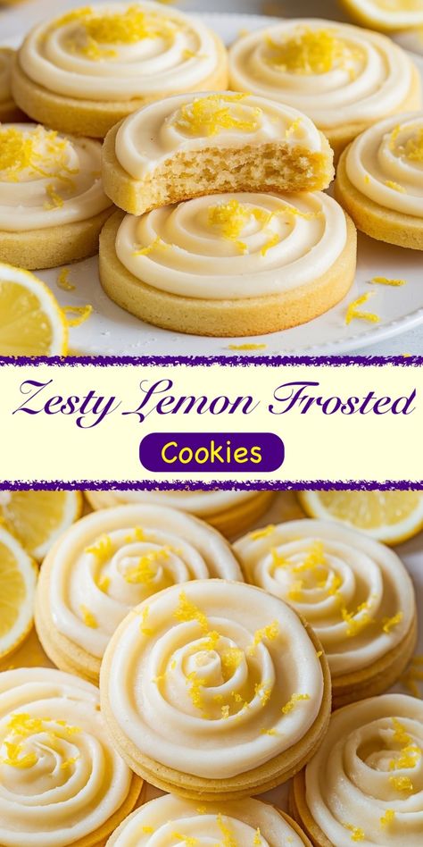 A close-up view of zesty lemon frosted cookies, featuring a smooth, buttery base topped with swirls of tangy lemon frosting. Fresh lemon zest is sprinkled over the top, adding a bright pop of color and flavor. One cookie has a bite taken out, revealing its soft, tender crumb. The cookies are arranged on a plate, with lemon slices in the background, highlighting their vibrant, citrusy appeal. Perfect for those who love a refreshing, sweet-tart treat! Lemon Cookie Frosting, Lemon Frosted Cookies, Lemon Crumble Cookies, Lemon Royal Icing, Lemon Cream Cheese Cookies, Copycat Cookies, Mmm Cookies, Crumbl Copycat, Sunshine Cookies