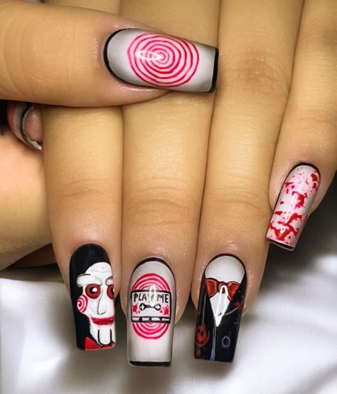 “I want to play a game 📼” Loving the Halloween/ horror nails! Here I did Saw 🔪🩸🧩🪚 Horror Nails, Play A Game, Halloween Horror, To Play, I Want, Nails, Halloween