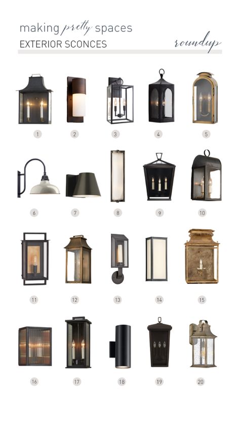 20 Really Good Exterior Sconces - making pretty spaces Front Porch Lighting Fixtures, Garage Lights Exterior, Exterior Sconces, Exterior House Lights, Modern Exterior Lighting, Farmhouse Outdoor Lighting, Garage Door Lights, Outdoor Garage Lights, House Lighting Outdoor