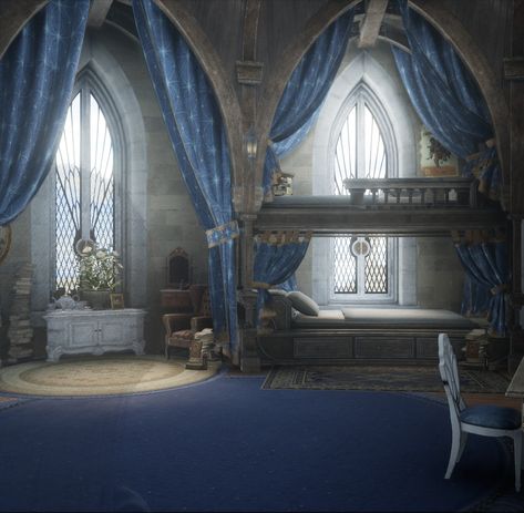 Hogwarts Ravenclaw Dorm, Ravenclaw Dorm Room Shifting, Ravenclaw Dorm Aesthetic, Hogwarts Ravenclaw Common Room, Ravenclaw Common Room Bedrooms, Ravenclaw Dorm Room, Ravenclaw Bedroom Aesthetic, Ravenclaw Room Ideas, Ravenclaw Dormitory