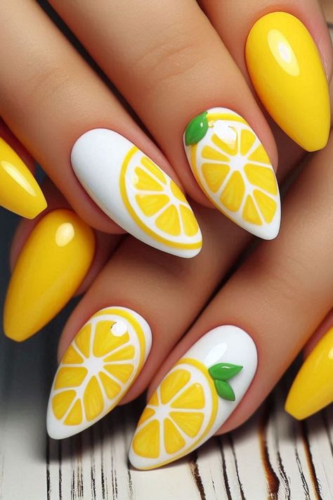 33 Fruit Nail Art Ideas for Summer Fun 2024 Fruit Themed Nails, Cute Summer Nails 2024, Lemon Nail Designs, Fruit Nails Design, Cheese Nails, Lemon Nails Designs, Fruit Nail Ideas, Cute Nails Summer, Citrus Nails