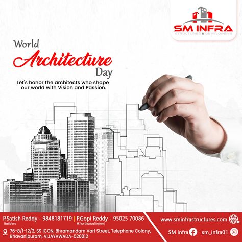 "Exploring the world one design at a time. Happy World Architecture Day! 🌍🏗️ #ArchitectsUnite" Get your own home within your budget by SM infra. Here we will fulfill your requirements and provide you dream home. 👇 👇 𝐓𝐨 𝐤𝐧𝐨𝐰 𝐦𝐨𝐫𝐞, 𝐂𝐚𝐥𝐥 𝐮𝐬 𝐧𝐨𝐰 9848181719 ; 9502570086 #sminfra #sminfraconst #architecture #architectureday #architectureday2023 #infrastructures #3darchitectureplans #structuraldesign #interiordesigns #dreamhome #homedesigns #home #sweethome #homeconstruction World Architecture Day, Architecture Day, 3d Architect, World Architecture, E Day, Exploring The World, World One, You Dream, Structural Engineering