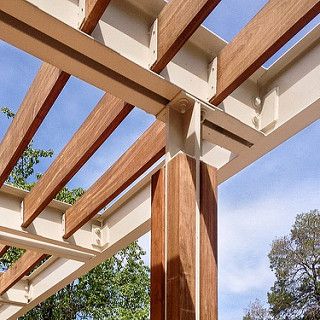 Shade Canopy Detail :: #ucdavis #university #california #d… | Flickr Canopy Detail, Steel Architecture, Timber Architecture, Backyard Canopy, Wood Screens, Wood Architecture, Wood Joints, Steel Columns, Timber Structure