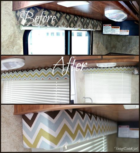 Vintage Dutch Girl: Travel Trailer Makeover, Part 5: Recovering Window Cornice Thingys! Travel Trailer Makeover, Bear Canister, Window Cornice, Trailer Makeover, Window Cornices, Camper Organization, Camper Hacks, Trailer Decor, Rv Makeover