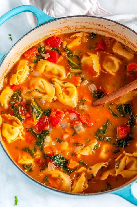 Vegetable Tortellini Soup - One pot vegetarian tortellini soup dinner recipe chock full of veggies and done in just 35 minutes! From aberdeenskitchen.com #vegetable #tortellini #soup #stew #dinner #recipe #weeknight #vegetarian #pasta #30minute #onepot #easy #quick #healthy One Pot Veggie Tortellini Soup, Tortellini And Vegetable Soup, One Pot Vegetable Tortellini Soup, Slow Cooker Vegetable Tortellini Soup, Vegetable Tortellini Soup Crockpot, Tortellini One Pot Meals, Vegetable Tortellini Soup, Vegetarian Tortellini Soup, Tortellini Vegetable Soup