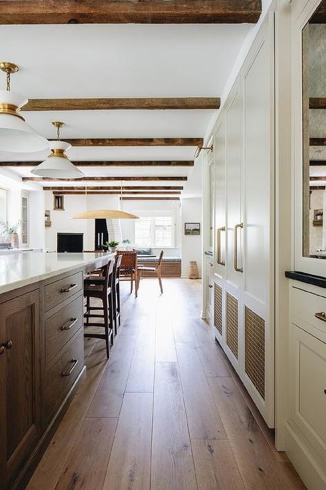 Stained Wood Beams, Jean Stoffer Design, Tudor Kitchen, Jean Stoffer, Dreamy Kitchens, Modern Tudor, Tudor Style Homes, Wood Floors Wide Plank, House Aesthetic