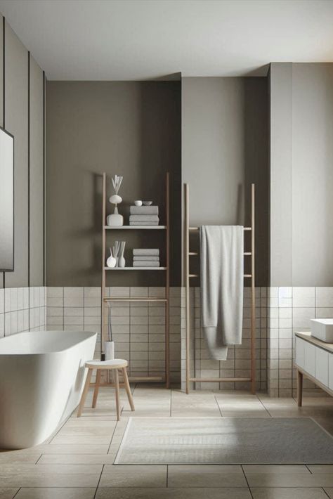 Embrace minimalism with this sophisticated greige (grey-beige) and white palette. Less is more in bathroom design. #MinimalistBathroom #GreigeAndWhite Cool Tone Bathroom Ideas, Cool Tone Bathroom, Greige Palette, Bathroom Color Schemes, White Palette, Bathroom Color, Minimalist Chic, In Bathroom, Grey Beige