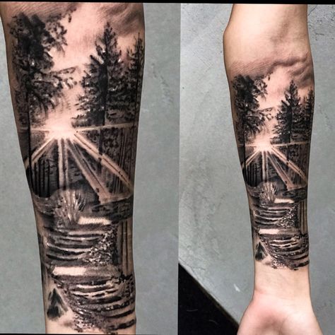 Mountain Sleeve Tattoo Women, Nature Tattoo Sleeve Women, Natur Tattoo Arm, Tree Sleeve Tattoo, Nature Tattoo Sleeve, Wolf Tattoo Sleeve, Realistic Tattoo Sleeve, Nature Tattoo, Tattoo Inspiration Men