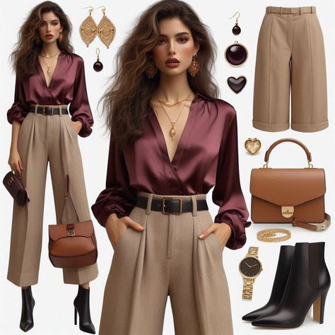 Taupe Blouse Outfit, Plum Blouse Outfit, Structured Fashion Casual, Camel Trousers Outfit Work, Autumn Deep Outfits, Deep Autumn Outfits For Summer, Burgundy Blouse Outfit, Deep Autumn Outfit, Black And Burgundy Outfit