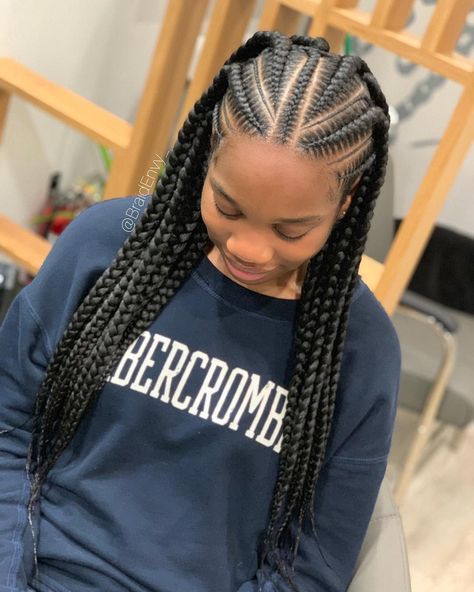 BRAID ENVY on Instagram: “Easy Peasy Lemon Squeazy!!! 3 different hairstyle combinations Book Under Jumbo Half Cornrow Half Box Braids Swipe ↔️💛💛💛💛” #curlybraids Ghana Weaving Hairstyle, Half Box Braids, Ghana Weaving Styles, Weaving Styles, Hairdo Ideas, Scalp Braids, Ghana Weaving, Crochet Hairstyles, Cornrow Braids