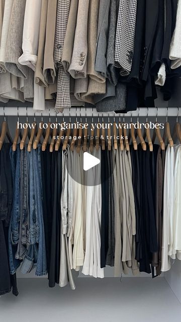 KATIE PEAKE on Instagram: "Wardrobe organisation tips 📌🤍🧥👖 I’ve had a HUGE declutter & sort out over the last couple of weeks & wanted to organise my things so it’s easy for me to get dressed every day. Also the baby hanger hack is a gamechanger for hanging your trousers. SO satisfying 👏🏻 full YouTube video is on my channel. . . Wardrobes are from @tylko use ‘katiepeake’ for 44% off until 31.01 *pr product . . Wardrobe organisation, closet, closet organisation, how I organise my clothes, storage hacks . . #wardrobes #wardrobestylist #wardrobegoals #cleanoutyourcloset #closetorganization #closetgoals #wardrobeorganisation #clothesorganizer #wardrobeinspiration #wardrobeinspo #knitwearfashion #dressingrooms #dressingroomgoals #dressingroominspo #dressingroomdesign #storagesolutions #st Wardrobe Trousers Storage, Hanging Clothes Storage Ideas, Dress Pant Storage, Tiny Home Clothes Storage Small Closets, Trouser Organisation, Hanger Wardrobe Ideas, Trouser Hanger Wardrobe, Dress Storage Ideas Closet Organization, Couple Wardrobe Organisation