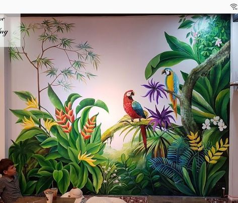 Wall Art Mural, Wall Murals Diy, Painting Mural, Jungle Mural, Creative Wall Painting, Garden Mural, Deco Jungle, Forest Mural, Tropical Painting