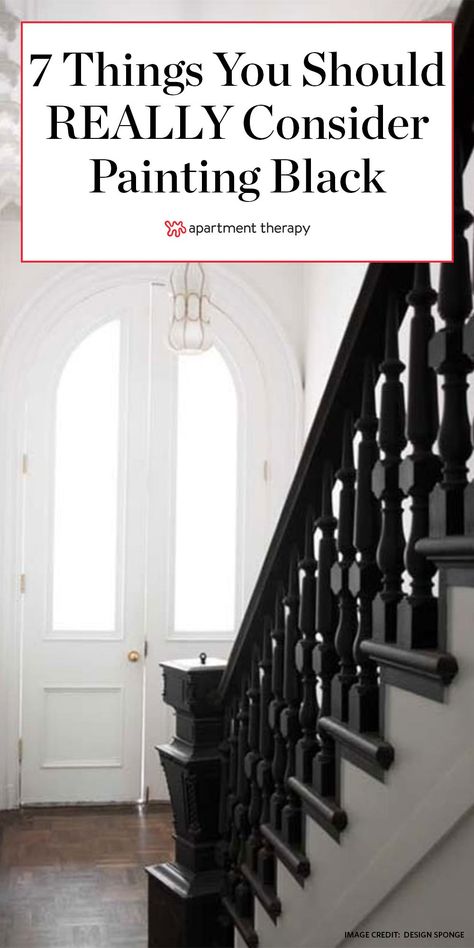 Black Painted Stairs, Stairs Decor Ideas, Weekend Painting, Black Stair Railing, Black Staircase, Stairs Decor, Stairs Renovation, Things To Paint, Painted Staircases