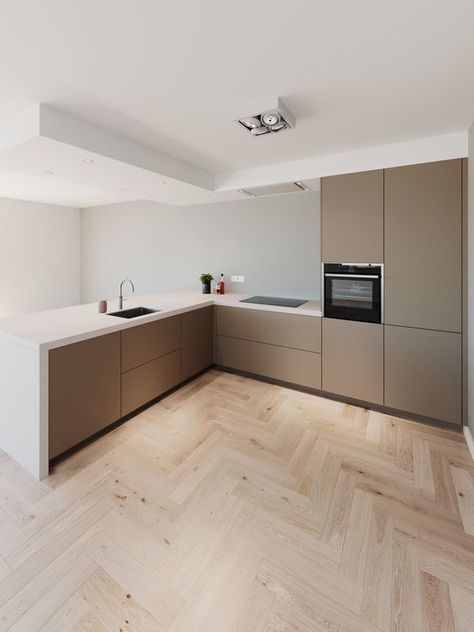 White Kitchen Countertops, Taupe Kitchen, Minimal Kitchen, Beige Kitchen, White Countertops, Kitchen Room Design, Kitchen Cabinetry, Stone Countertops, Home Design Decor