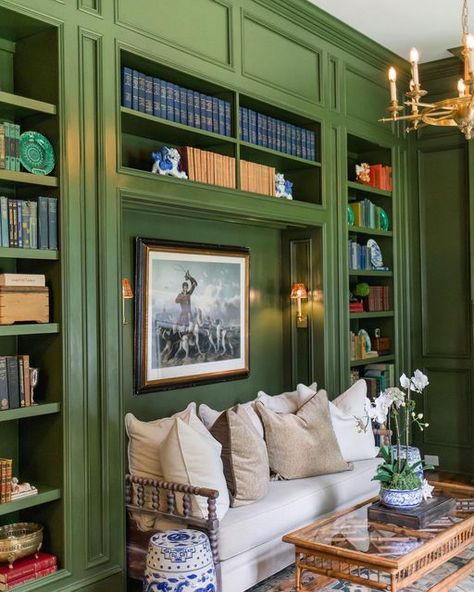 Canvas & Clay Studio | Interior Design on Instagram: "Feeling extra 🍀lucky🍀 to be able to spend time in this cozy green study! #stpatricksday #interiordesign #canvasclay #greenstudy #studydesign #southernliving #bookshelfdecor #designer #decorating #inspiration #designinspiration #traditionahome #traditionaldesign #southerndesign" Green Built Ins, 70s Remodel, Canvas And Clay, Beecham House, Green Study, Library Nook, Reading Spaces, Green Library, Green Cabinet