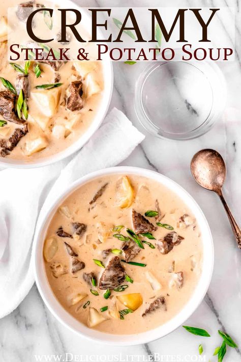 Loaded with tender beef and potatoes in a smooth, cheesy broth, this Creamy Steak and Potato soup is a hearty meal. It's the ultimate comfort food that will warm you right up during the colder, winter months. #soup #comfortfood #potatosoup #steaksoup #steakandpotatoes Steak Soup Recipes, Creamy Steak, Steak And Potato Soup, Steak Soup, Steak Potatoes, Leftover Steak, Leftovers Soup, Beef And Potatoes, Hearty Meal